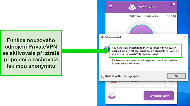 Snímek obrazovky dialogového okna přepínače soukromé sítě VPN.