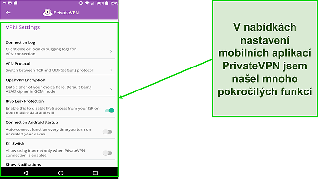 Snímek obrazovky nabídky nastavení PrivateVPN v systému Android.