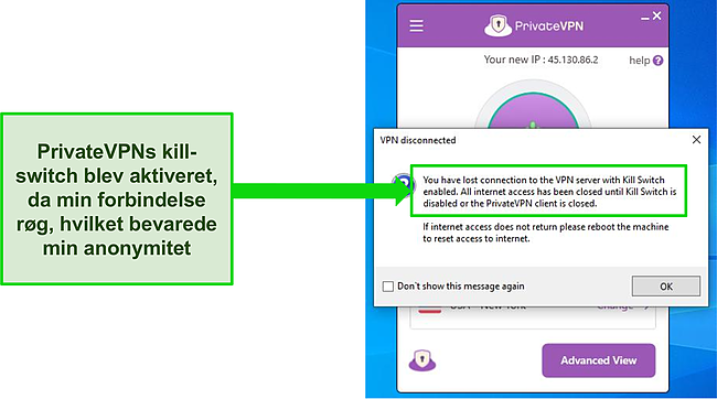 Skærmbillede af dialogboksen Private VPN internet kill switch.