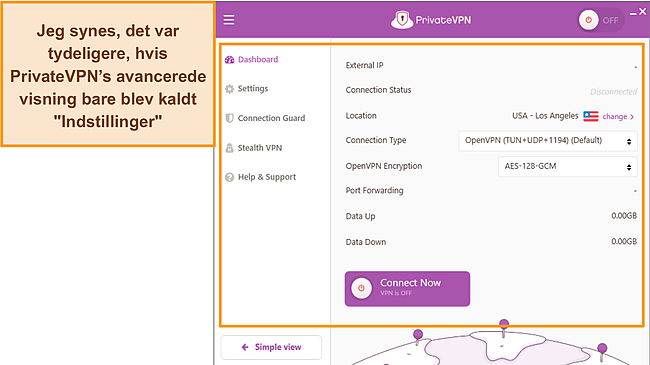 Skærmbillede af PrivateVPN's Advanced View og Simple View i Windows.