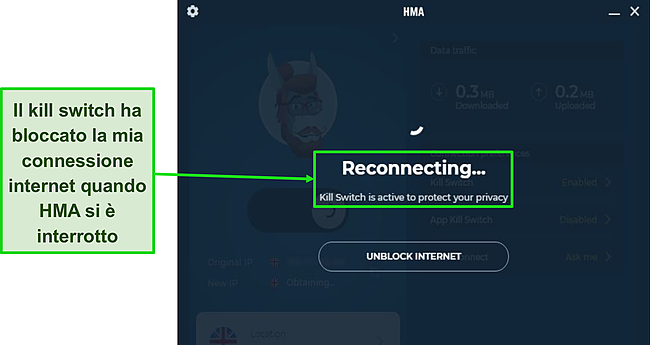 Screenshot del Kill Switch di HMA che protegge il mio traffico durante un'interruzione della connessione.