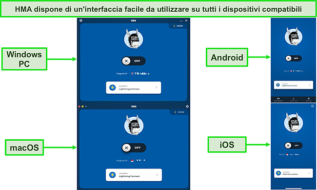 Screenshot dell'interfaccia dell'app di HMA su PC Windows, Mac, telefono Android e iPhone.