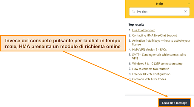 Screenshot del chatbot di HMA che evidenzia che ha sostituito l'opzione di chat dal vivo.