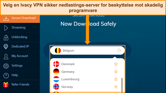 Skjermbilde av Ivacy VPN Windows-appen som fremhever servervalgene for funksjonen for sikker nedlasting.