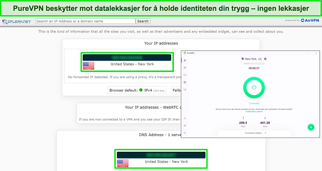 Skjermbilde av en ipleak.net-test som viser null lekkasjer med PureVPN koblet til en amerikansk server.