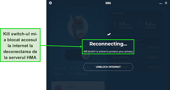 Captură de ecran cu Kill Switch de la HMA care îmi protejează traficul în timpul întreruperii conexiunii.