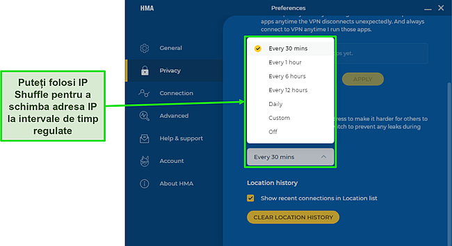 Captură de ecran a funcției IP Shuffle a HMA care evidențiază frecvența la care o puteți seta.