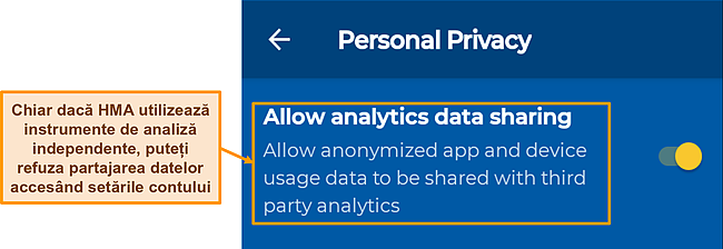 Captură de ecran a opțiunii de partajare a datelor activată în mod implicit în aplicația HMA pentru Android.