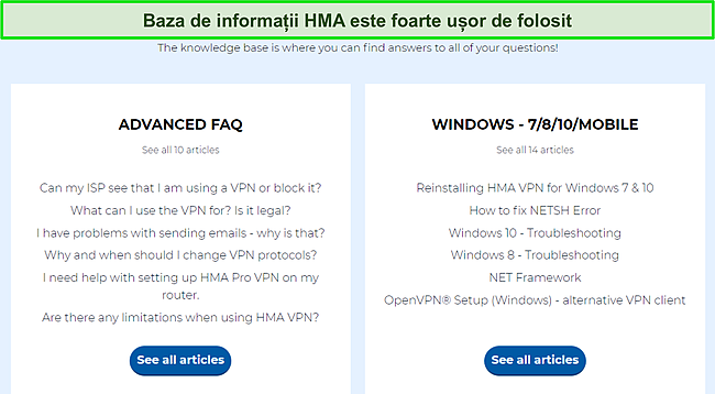 Captură de ecran a paginii bazei de cunoștințe a HMA care evidențiază categoriile de întrebări frecvente disponibile.
