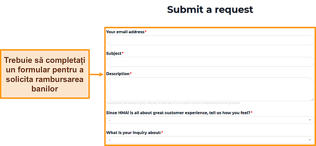 Captură de ecran a formularului de solicitare al HMA care evidențiază câmpurile care trebuie completate pentru a solicita o rambursare.