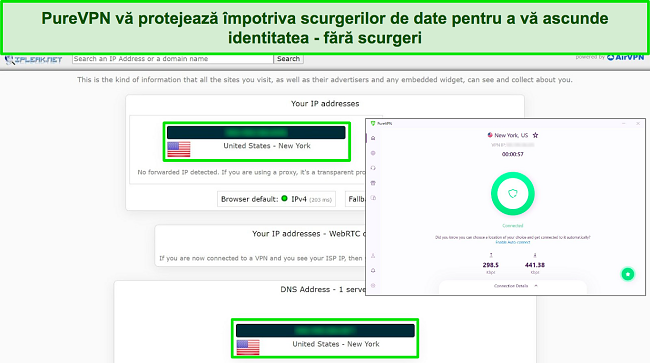 Captură de ecran a unui test ipleak.net care arată zero scurgeri cu PureVPN conectat la un server din SUA.