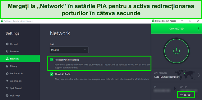 Captură de ecran a aplicației Windows PIA care arată cum să activați redirecționarea portului în meniul Setări de rețea.