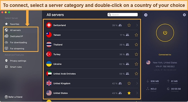 Screenshot of CyberGhost's macOS showing server lists while connected to a server in New York, USA