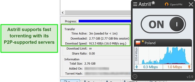 Screenshot of Astrill torrenting a file through its Polish P2P-supporting server