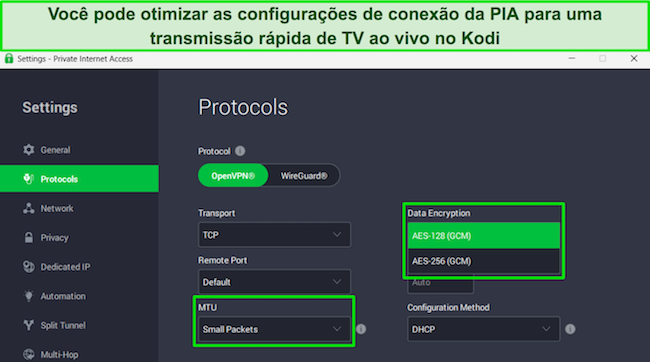 Aplicativo para Windows da PIA, mostrando as configurações dos protocolos e destacando a criptografia de dados e itens de MTU.