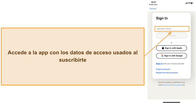 Captura de pantalla mostrando cómo iniciar sesión en la aplicación móvil de Norton