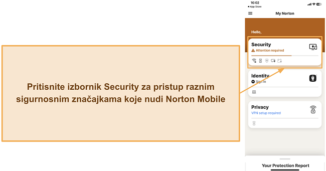 Screenshot koji pokazuje kako pristupiti Nortonovim sigurnosnim funkcijama na iOS-u