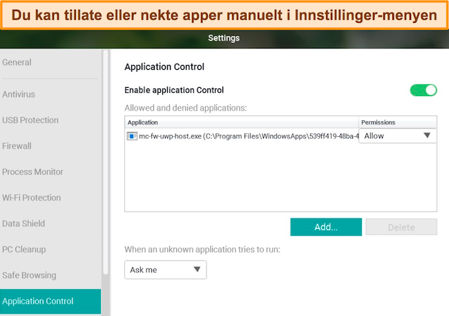 Skjermbilde av Pandas programkontroll-konfigurasjonsmeny