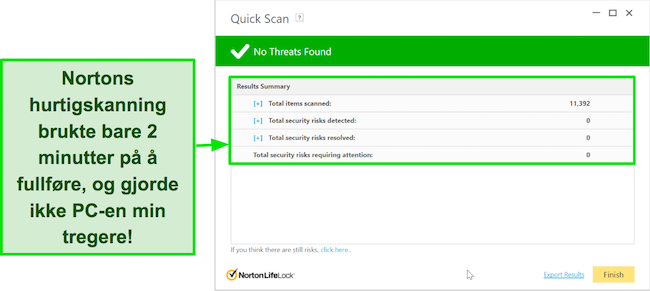 Skjermbilde av Nortons resultatskjerm for hurtigskanning