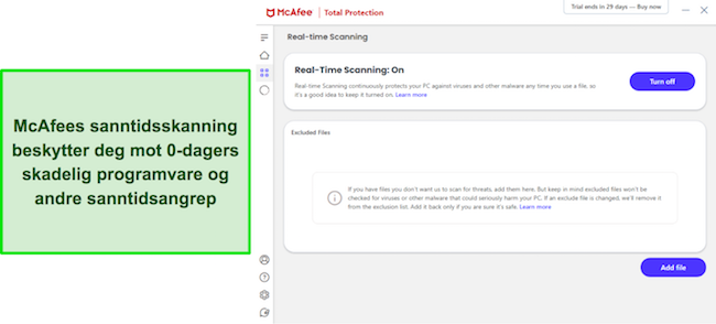 McAfee-appen som viser sanntidsbeskyttelsesskanning på