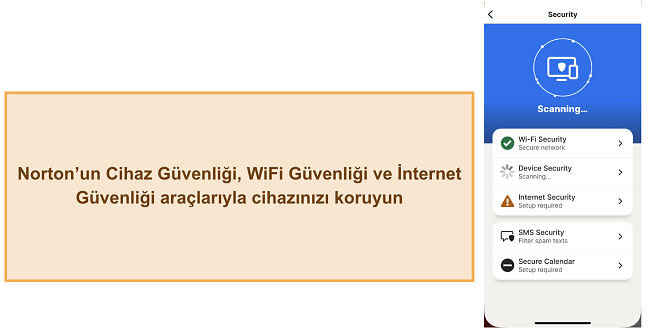 Norton'un çeşitli güvenlik özelliklerinin ekran görüntüsü