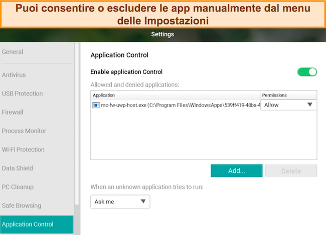 Screenshot del menu di configurazione Controllo applicazioni di Panda