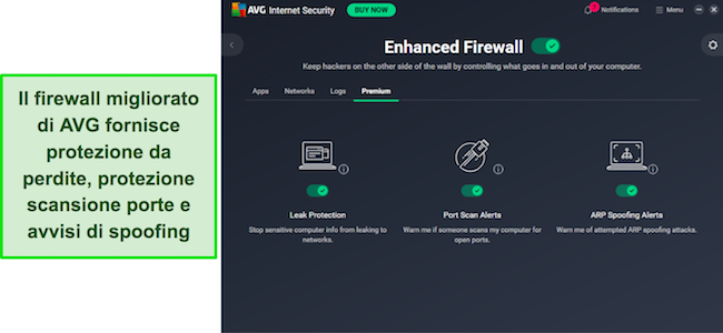 L'app di AVG mostra una protezione firewall avanzata