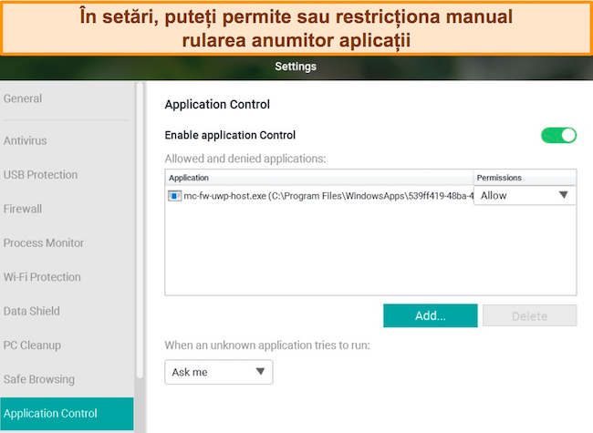 Captură de ecran a meniului de configurare pentru Controlul aplicațiilor de la Panda