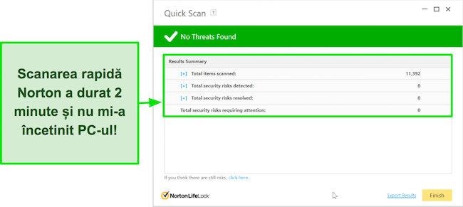 Captură de ecran a ecranului cu rezultatele scanării rapide de la Norton