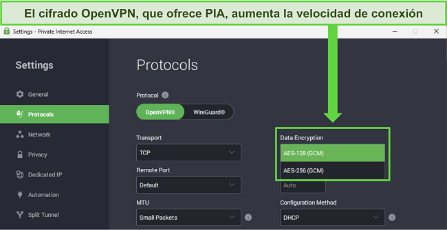 CImagen de la aplicación de Windows de PIA, mostrando las características personalizables que pueden proporcionar un aumento en la velocidad de la red.