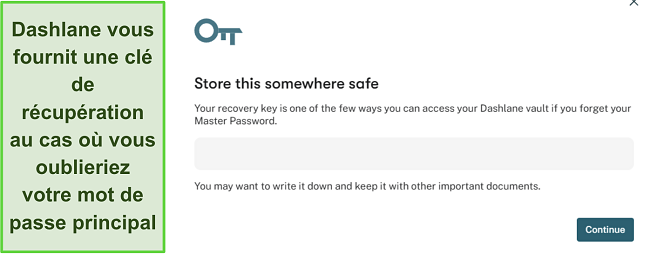 Capture d'écran montrant la fonction de clé de récupération de Dashlane