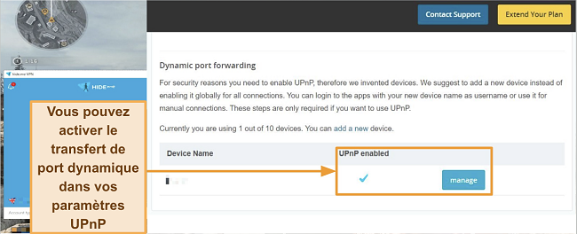 Capture d'écran des paramètres de redirection de port dynamique de hide.me
