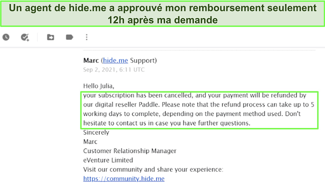 Capture d'écran d'un e-mail approuvant un remboursement de hide.me