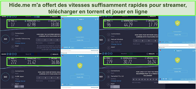 Captures d'écran des tests de vitesse effectués sur 4 serveurs hide.me