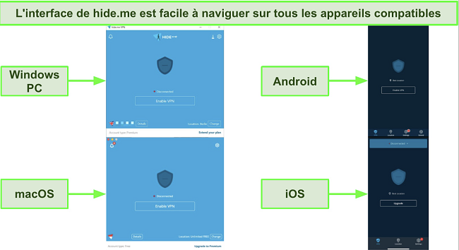 Captures d'écran de l'interface de l'application hide.me sur Windows, Android, macOS et iOS