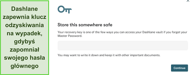 Zrzut ekranu pokazujący funkcję klucza odzyskiwania Dashlane