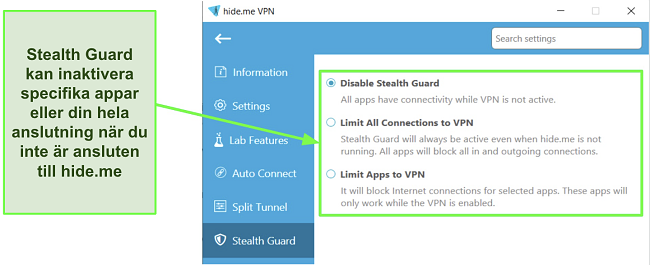 Skärmdump av Stealth Guard-inställningar i hide.me:s Windows-app