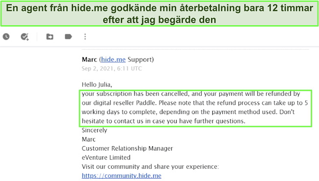 Skärmdump av ett mejl som godkänner en återbetalning från hide.me