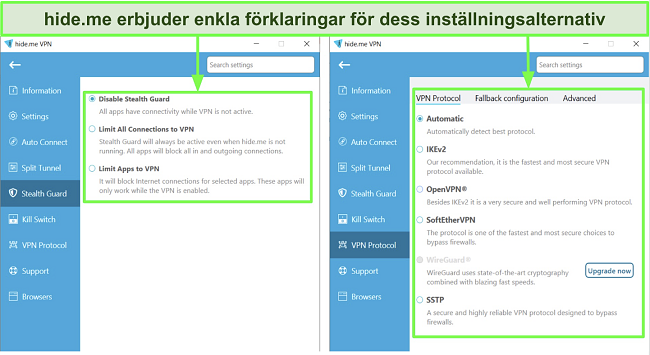 Skärmbild av hide.me:s inställningar