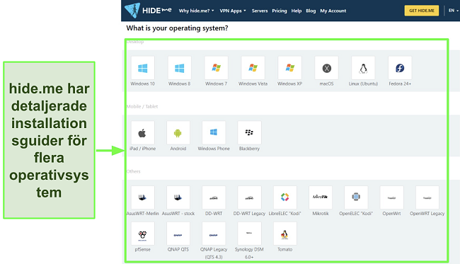 Skärmbild av hide.me:s installationsguider på dess webbplats