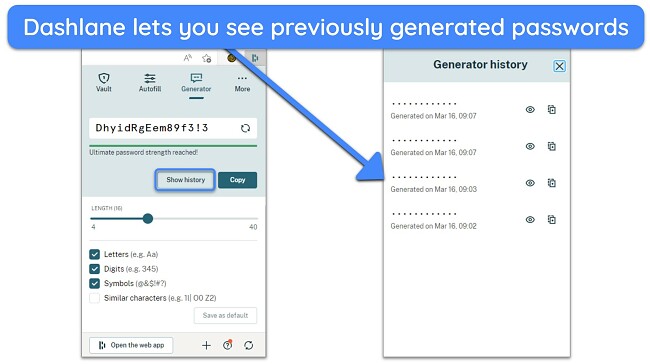 Screenshot of Dashlane's password generator showing history of previously generated passwords