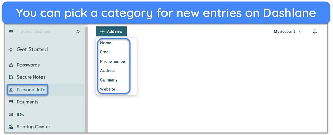 Screenshot of adding a new entry on Dashlane vault