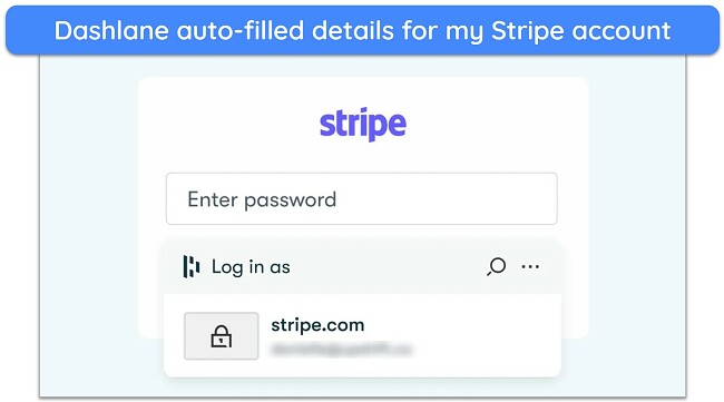 Screenshot of Dashlane auto-filling login details for a Stripe account