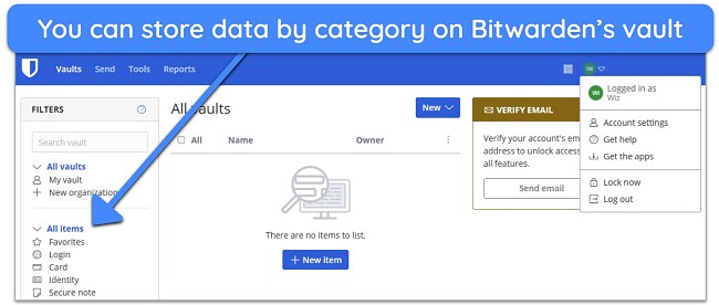 Screenshot of Bitwarden vault's homepage