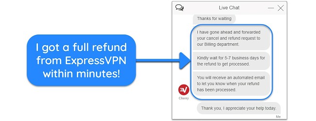 Screenshot of a user successfully requesting a refund from ExpressVPN over live chat with the 30-day money-back guarantee