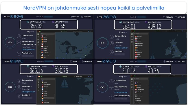 Näyttökaappaus NordVPN-nopeustestin tuloksista Isossa-Britanniassa, Ranskassa, Uudessa-Seelannissa ja Yhdysvalloissa