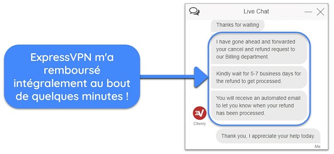 Capture d écran d un utilisateur demandant avec succès un remboursement à ExpressVPN via un chat en direct avec la garantie de remboursement de 30 jours