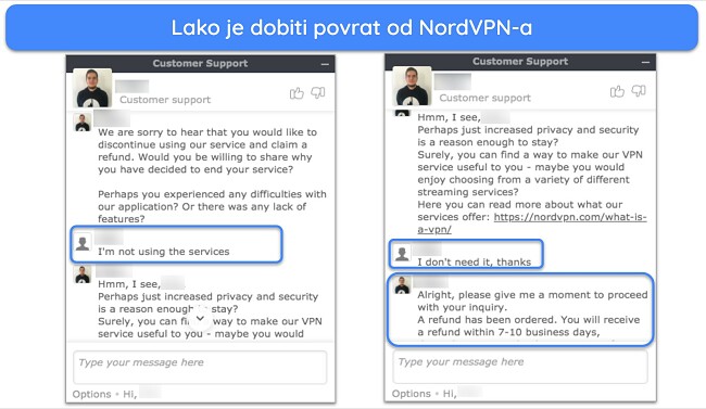 Snimka zaslona korisnika koji je uspješno zatražio povrat od NordVPN-a putem live chata uz 30-dnevno jamstvo povrata novca