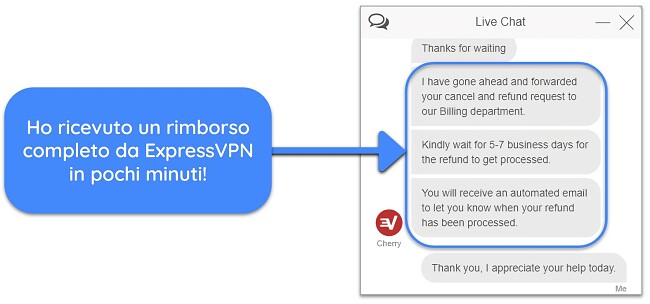 Screenshot di un utente che richiede con successo un rimborso a ExpressVPN tramite chat dal vivo con la garanzia di rimborso di 30 giorni