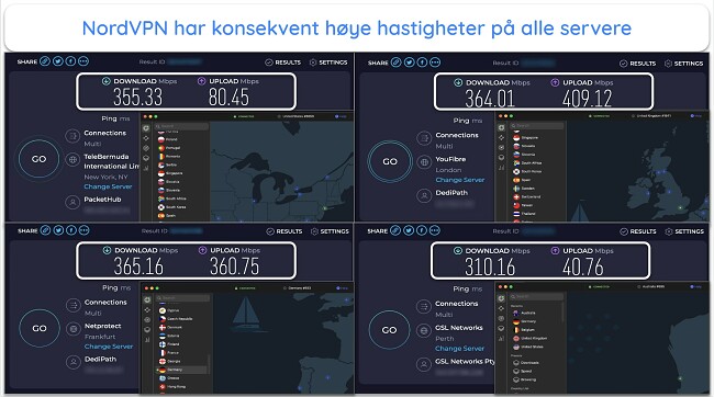 Skjermbilde av NordVPN-hastighetstestresultater i Storbritannia, Frankrike, New Zealand og USA